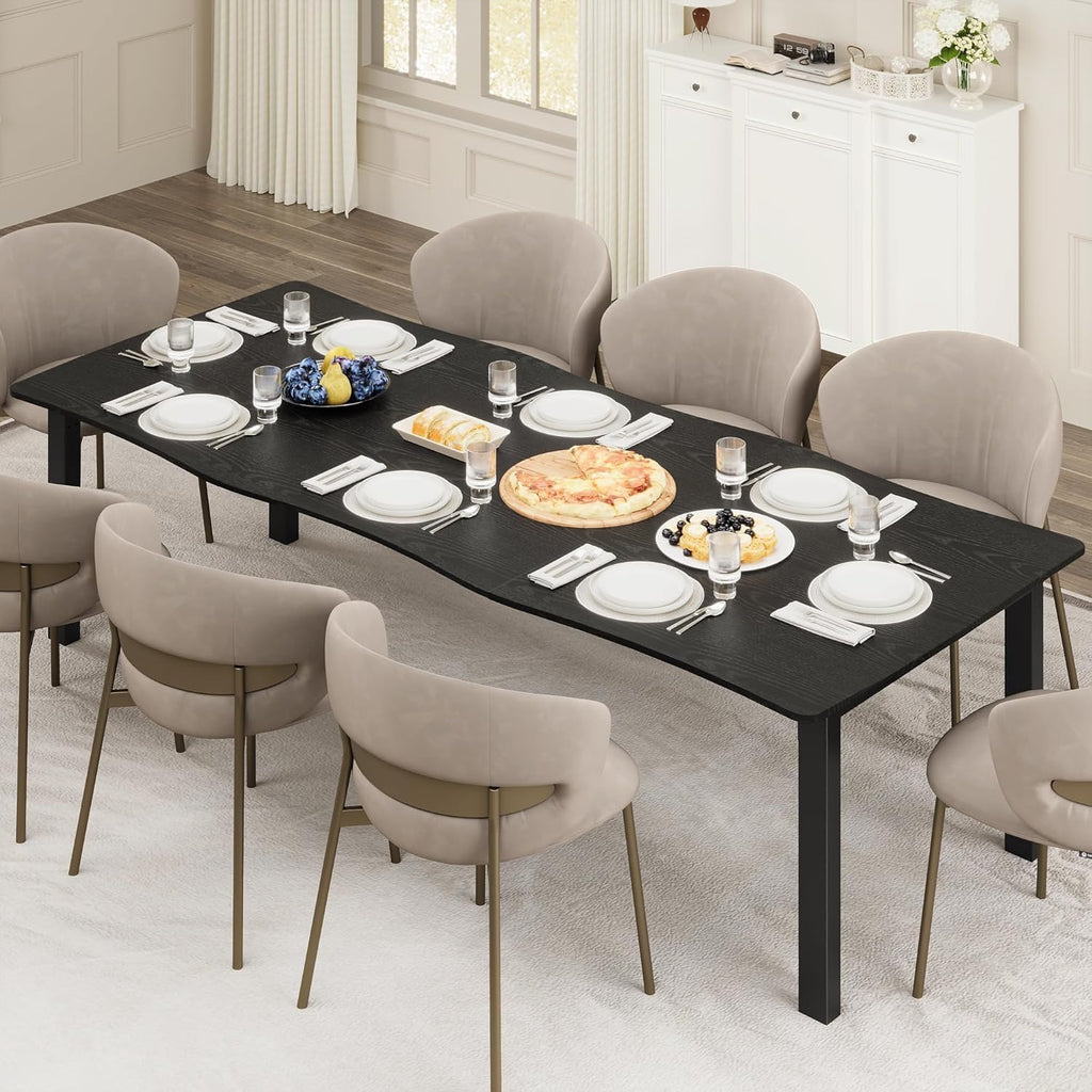 Dining Table for 6-8, 79 Inch Rectangular Kitchen Table with Wave Irregular Edge, Sturdy Metal Legs,Industrial Wooden Long Table for Dining Room, Home Office, Black