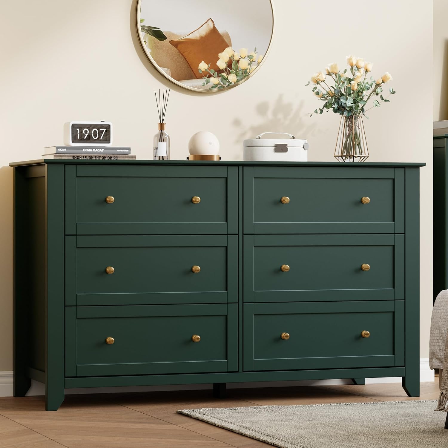 IDEALHOUSE Green 6 Drawer Dresser for Bedroom, 54' Wide Dresser with Deep Drawers & Metal Knobs, Modern Large Wooden Chests of Drawers for Entryway, Hallway