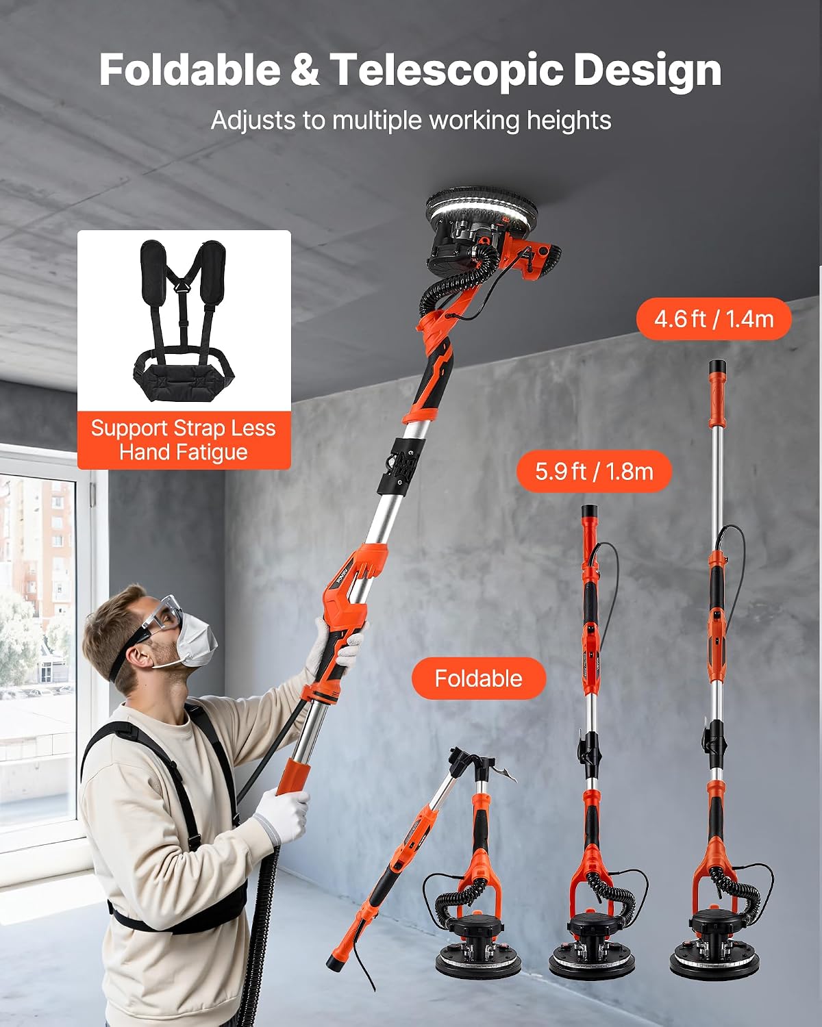VEVOR Drywall Sander, 1150W Electric Drywall Sander, Popcorn Ceiling Removal Tool with Vacuum Dust Collection, 5 Variable Speed 800-1700 RPM, LED Light, Foldable & Extendable Handle, 15 Sanding Discs