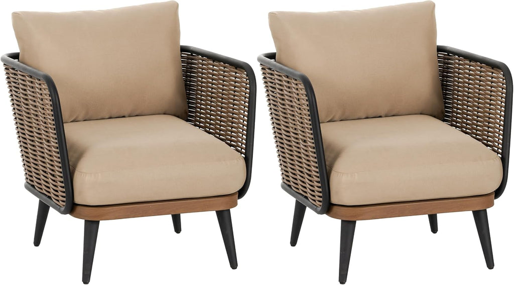 Christopher Knight Home Xayah Patio Wicker Accent Chair Set of 2, Outdoor Lounge Chair with Water-Resistant Cushion, Woven Faux Rattan Backrest & Armrest, Sturdy Metal Frame Armchair, Brown + Khaki