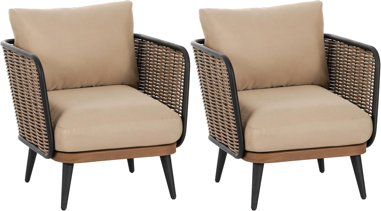 Christopher Knight Home Xayah Patio Wicker Accent Chair Set of 2, Outdoor Lounge Chair with Water-Resistant Cushion, Woven Faux Rattan Backrest & Armrest, Sturdy Metal Frame Armchair, Brown + Khaki
