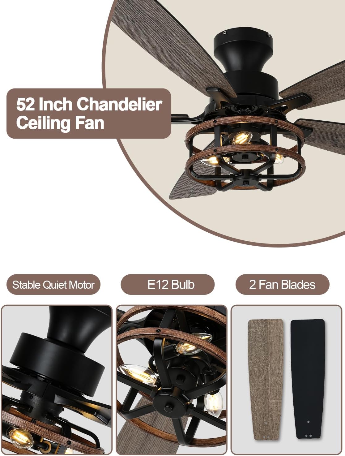 52 Inch Flush Mount Farmhouse Ceiling Fan with Light Rustic Caged Low Profile Ceiling Fan for Living Room Bedroom Patio