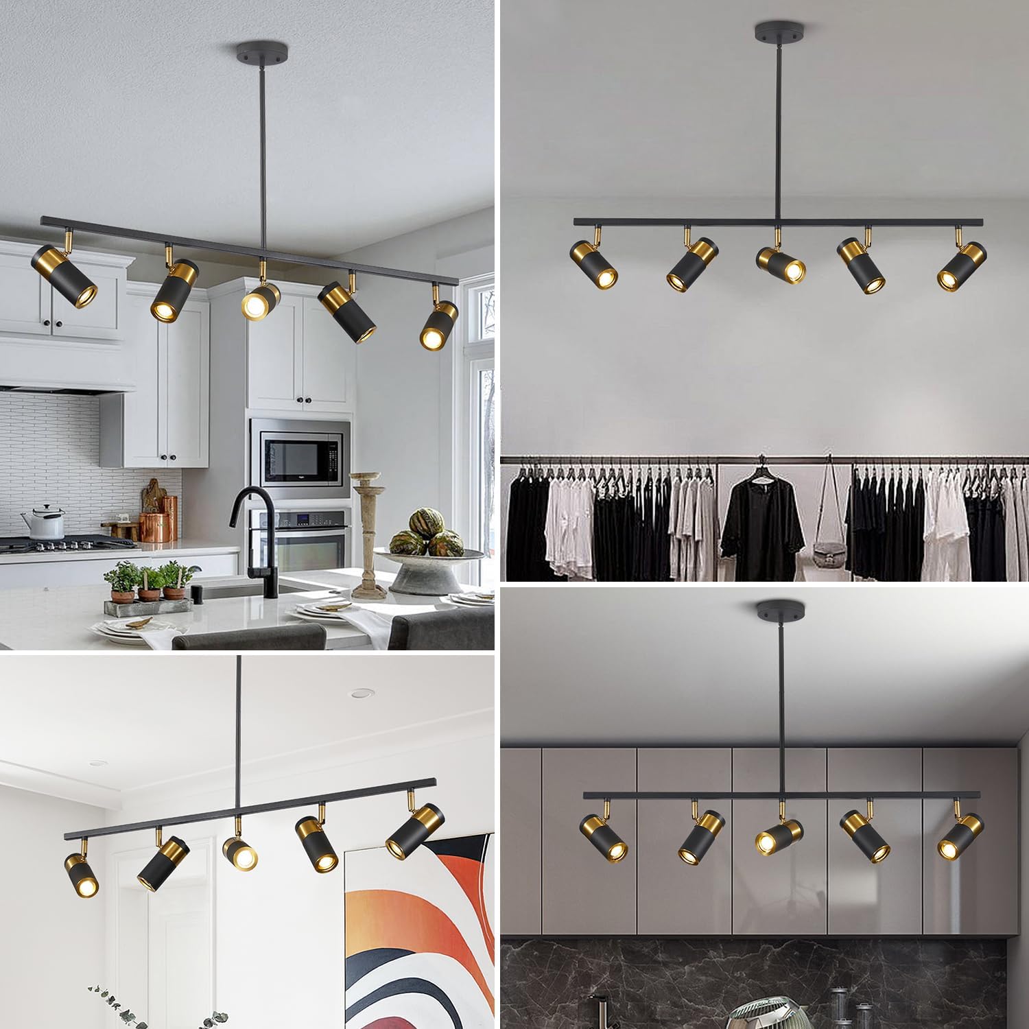 5 Light Modern Track Light Chandelier Industrial LED Hanging Track Lighting Kit Farmhouse Black and Gold Kitchen Track Lighting Fixtures Adjustable Ceiling Mount Linear Spotlights MCL05-5P BK