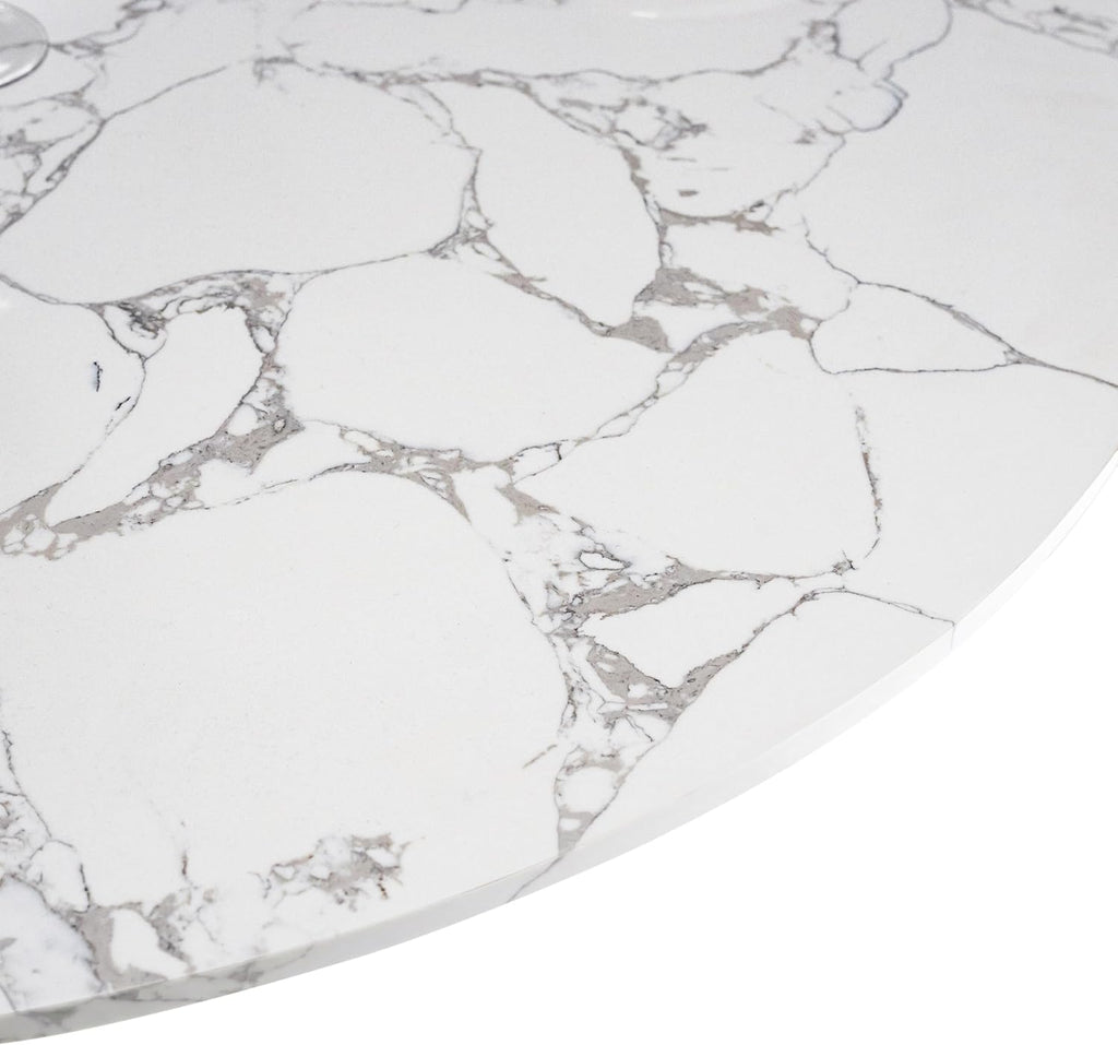 Furniture of America Sonya Modern Round Dining Table with Drum Base and Faux Marble Stone Top, Easy Assembly for Home, Kitchen and Living Room, Natural