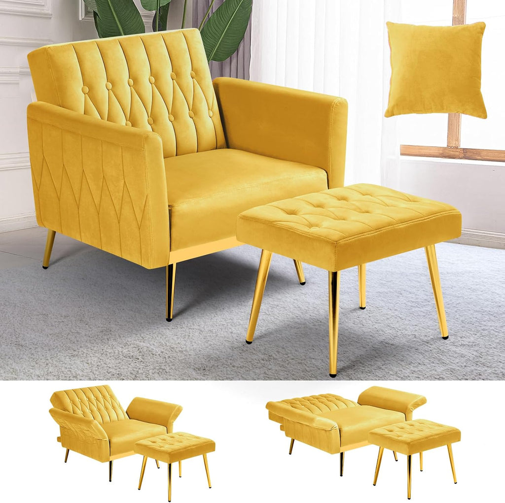 Velvet Accent Chair w/Adjustable Armrests and Backrest, Button Tufted Lounge Chair, Single Recliner Armchair with Ottoman and Pillow for Living Room, Bedroom,Yellow