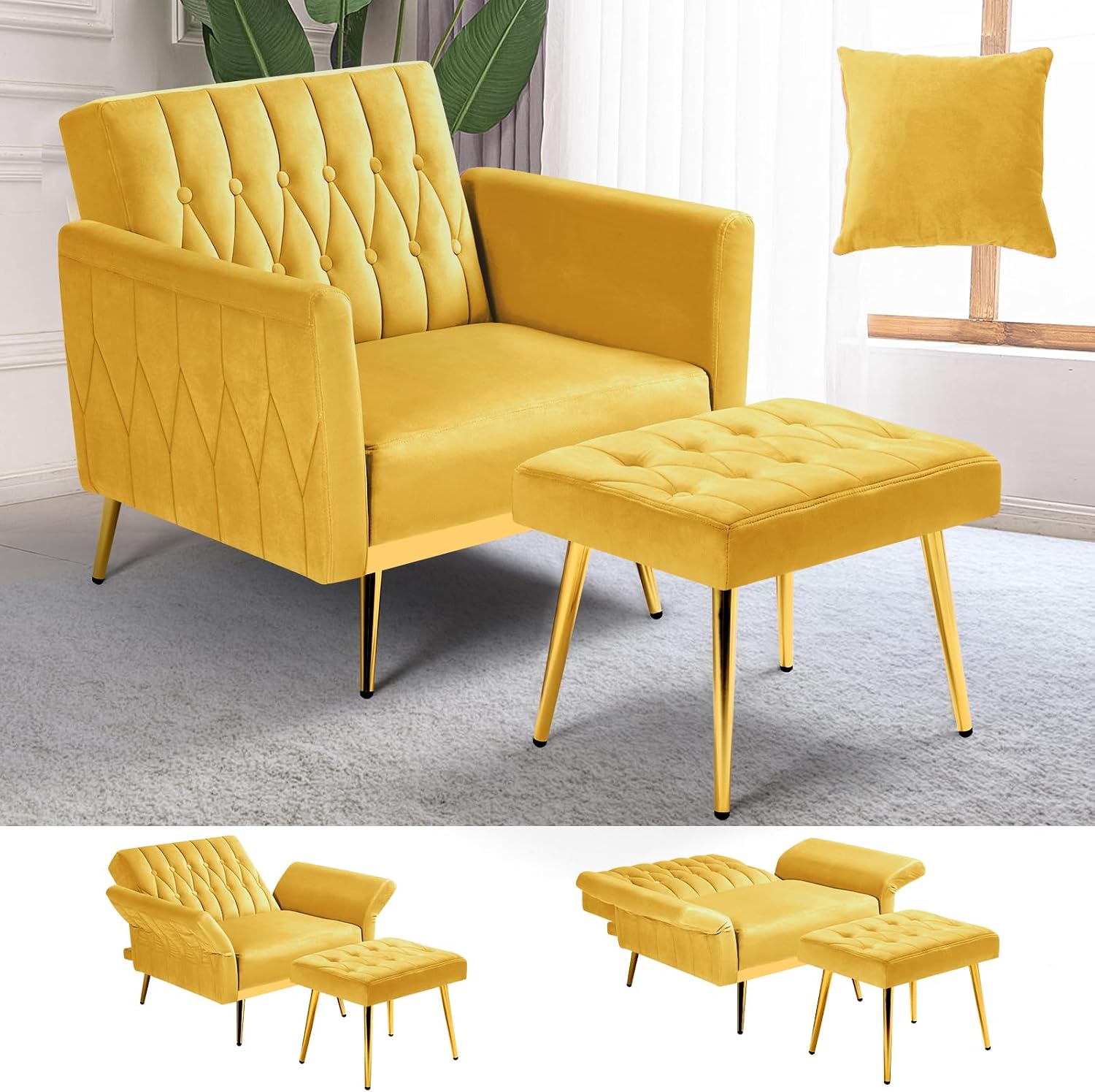 Velvet Accent Chair w/Adjustable Armrests and Backrest, Button Tufted Lounge Chair, Single Recliner Armchair with Ottoman and Pillow for Living Room, Bedroom,Yellow
