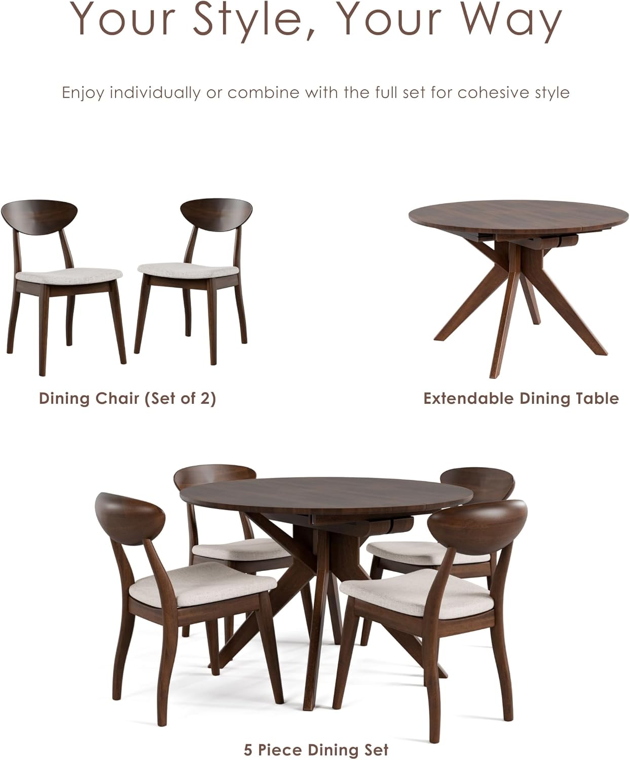 Furniture of America Nazaen V 78.5' Mid-Century Modern Solid Wood Live Edge Extendable Dining Table with Steel Support, Walnut Finish, Seats 6–8