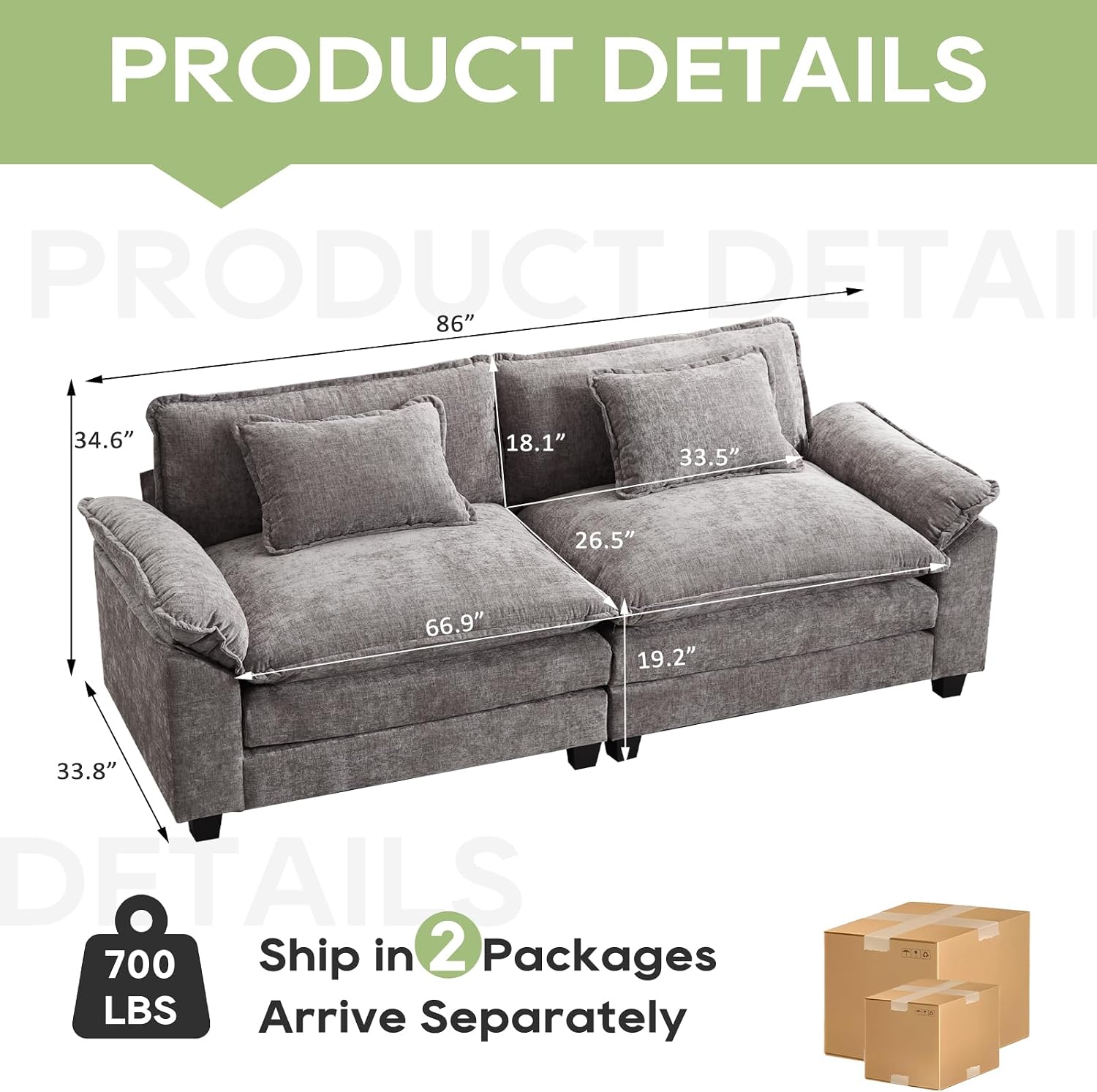 Oprisen 86' Modular Sectional Sofa, Comfy Cloud Couch Sectional Sofa with Ottoman, Chenille Sofa Sleeper Deep Seat Sofa with Throw Pillows for Living Room (Light Gray, 86'- Loveseat)