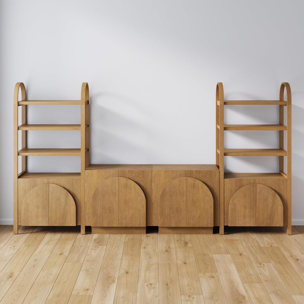 Nathan James Iris Sideboard and Bookcase Set, Mid-Century Modern Solid Wood Storage Unit with Arched Doors, 2 Cabinets and 2 Bookshelves with Cabinet, Light Brown