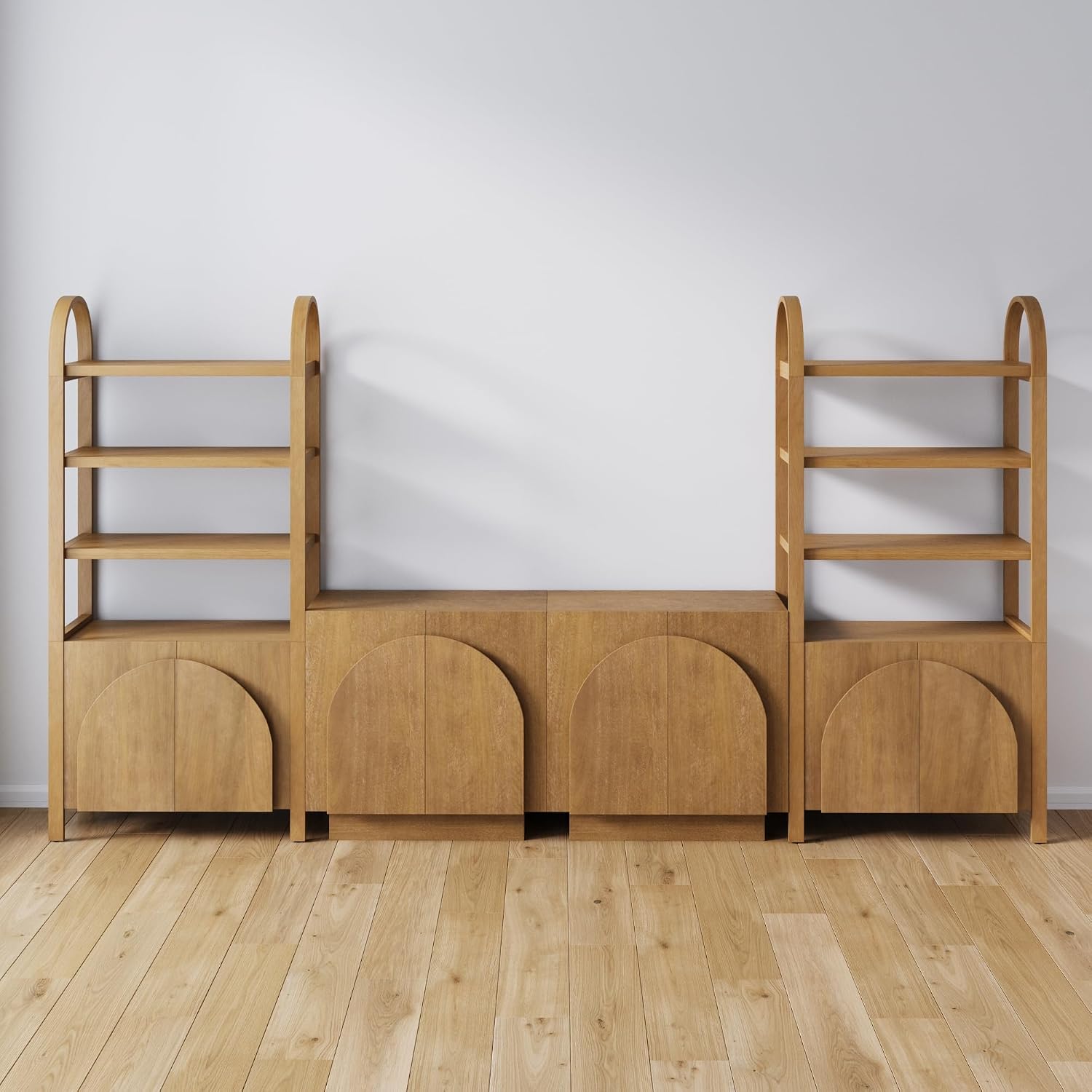 Nathan James Iris Sideboard and Bookcase Set, Mid-Century Modern Solid Wood Storage Unit with Arched Doors, 2 Cabinets and 2 Bookshelves with Cabinet, Light Brown