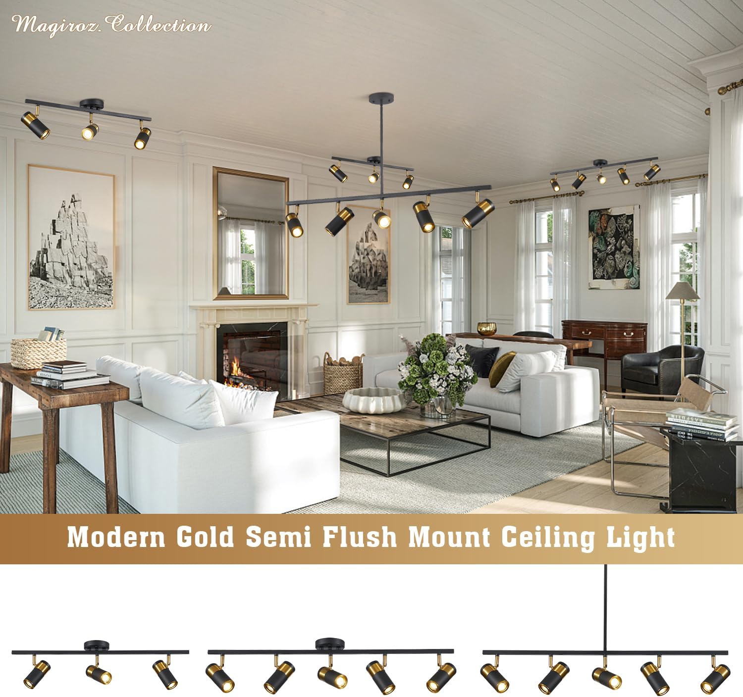 5 Light Modern Track Light Chandelier Industrial LED Hanging Track Lighting Kit Farmhouse Black and Gold Kitchen Track Lighting Fixtures Adjustable Ceiling Mount Linear Spotlights MCL05-5P BK