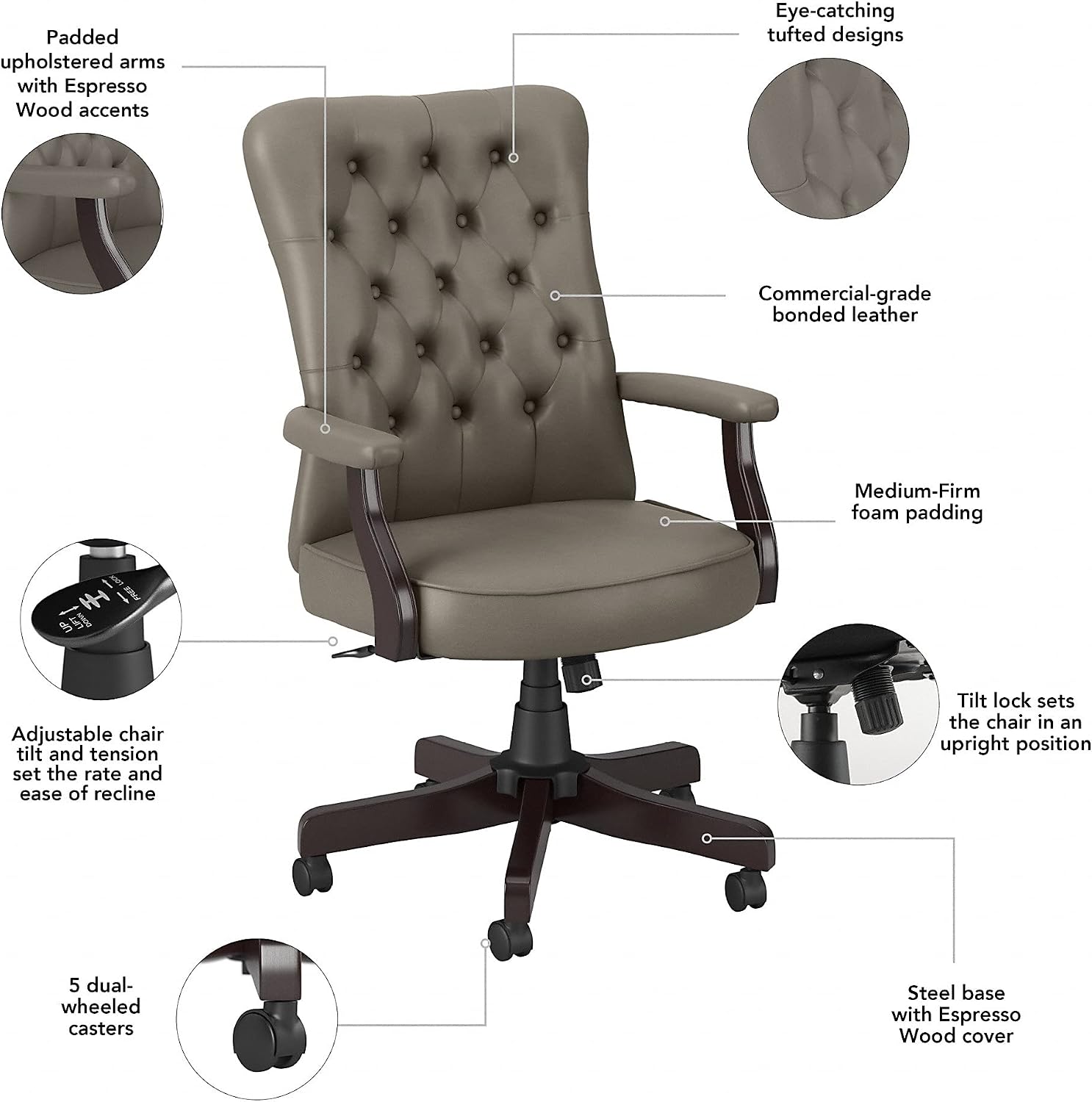 Bush Home Mayfield High Back Tufted Office Chair with Arms in Washed Gray Leather