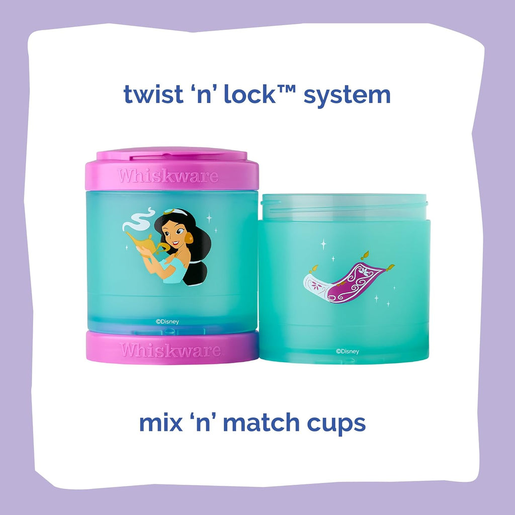 Whiskware Disney Princess Aladdin, Stackable Snack Containers for Kids, 3 Stackable Snack Cups for School or Travel, Backpack and Cupholder Friendly, Jasmine and Magic Carpet (Pack of 12)