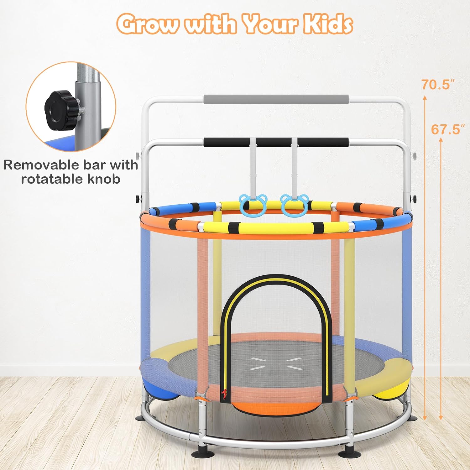 OLAKIDS 55' Trampoline for Kids, Indoor Outdoor Adjustable Toddler Trampoline with Safety Enclosure Net, Baby Recreational Trampolines with Basketball Hoop Hammock Boxing Bag Gymnastic Bar Rings