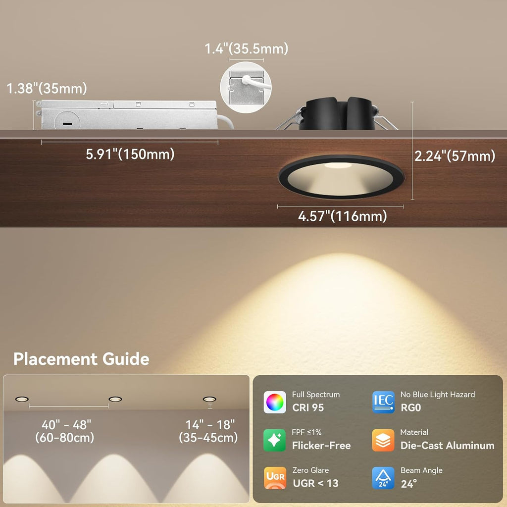 CycevSun Black 4 Inch Anti-Glare Canless Recessed Lighting Ceiling Spotlight, 5CCT Selectable, 130LM/W, 16W, RA95 COB Exterior Outdoor Soffit Lights, IP44 Damp Rated Shower, Dimmable, ETL,12-Pack