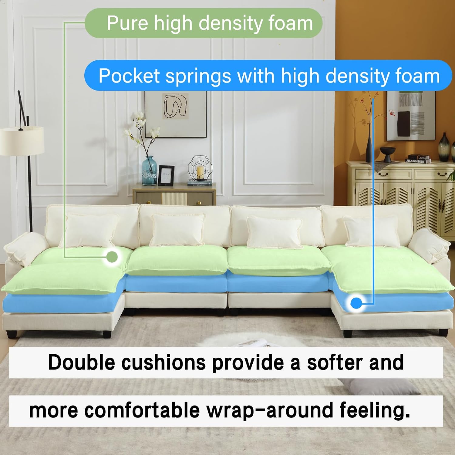 Oprisen 154' Modular Sectional Sofa, Comfy Cloud Couch Sectional Sofa with Ottoman, Chenille Sofa Sleeper Deep Seat Sofa with Throw Pillows for Living Room (Beige White, 154'- U Shape)