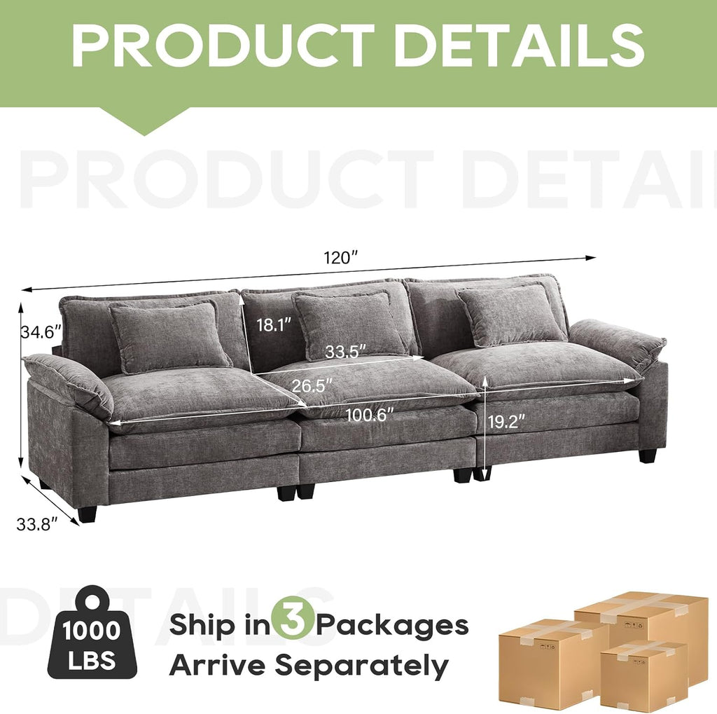 Oprisen 120' Modular Sectional Sofa, Comfy Cloud Couch Sectional Sofa, Chenille Sofa Sleeper Deep Seat Sofa with Throw Pillows for Living Room (Light Gray, 120'- 3 Seater)