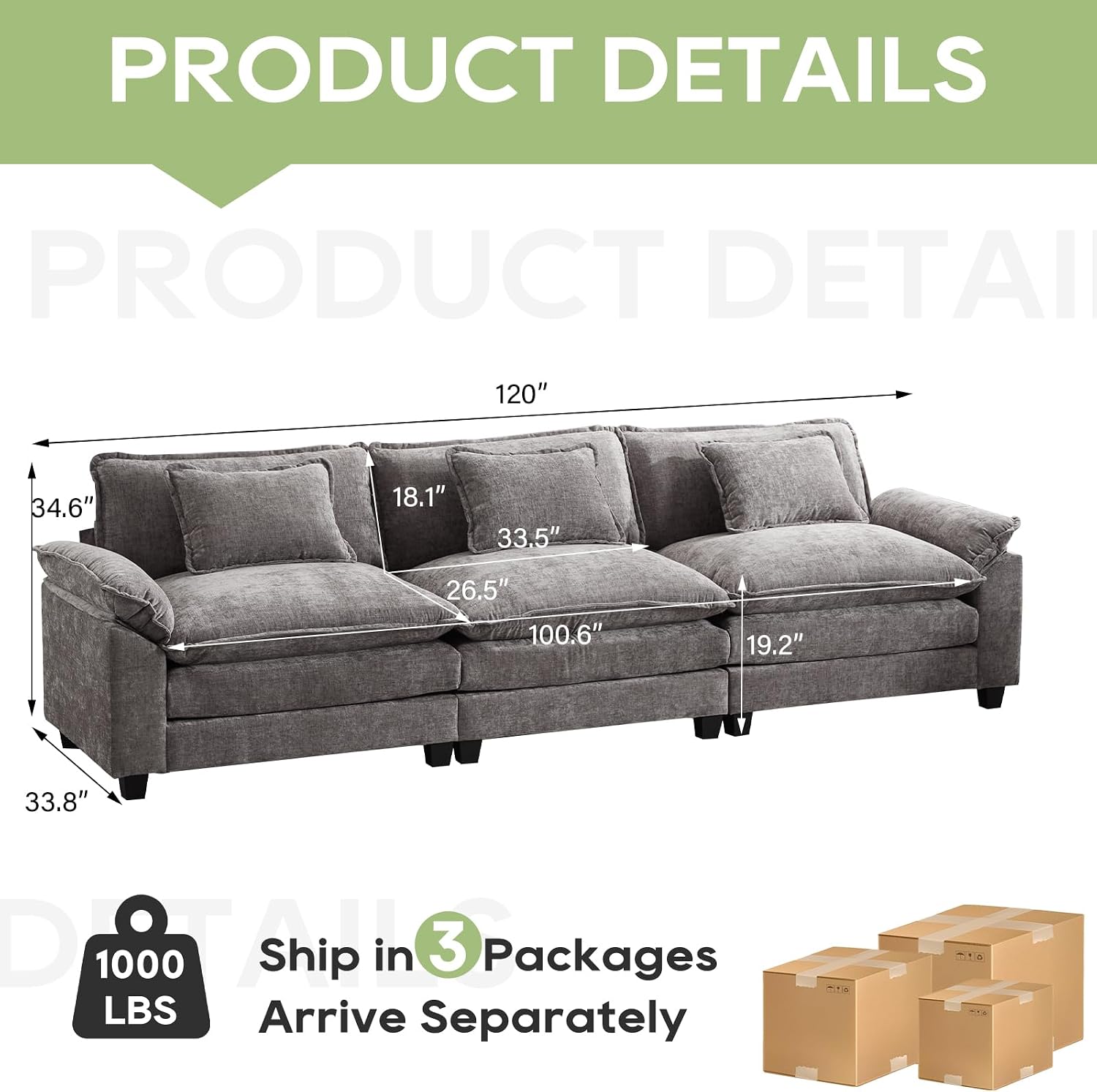 Oprisen 120' Modular Sectional Sofa, Comfy Cloud Couch Sectional Sofa, Chenille Sofa Sleeper Deep Seat Sofa with Throw Pillows for Living Room (Light Gray, 120'- 3 Seater)
