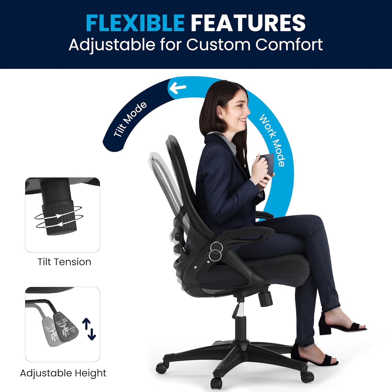 Flash Furniture Porter High-Back Swivel Office Chair with Adjustable Lumbar Support and Seat Height, Ergonomic Mesh Desk Chair with Flip-Up Armrests, Black