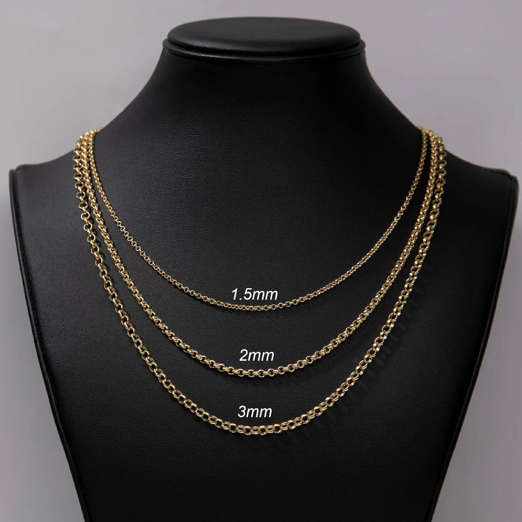 Dacc & Aya Solid 10K Gold Rolo Necklace Real Gold Round Rolo Link Chain for Men Women Diamond Cut Chain with Lobster-Claw Clasp, Sturdy and Shiny 1.5/2/3mm, 16-26 Inch