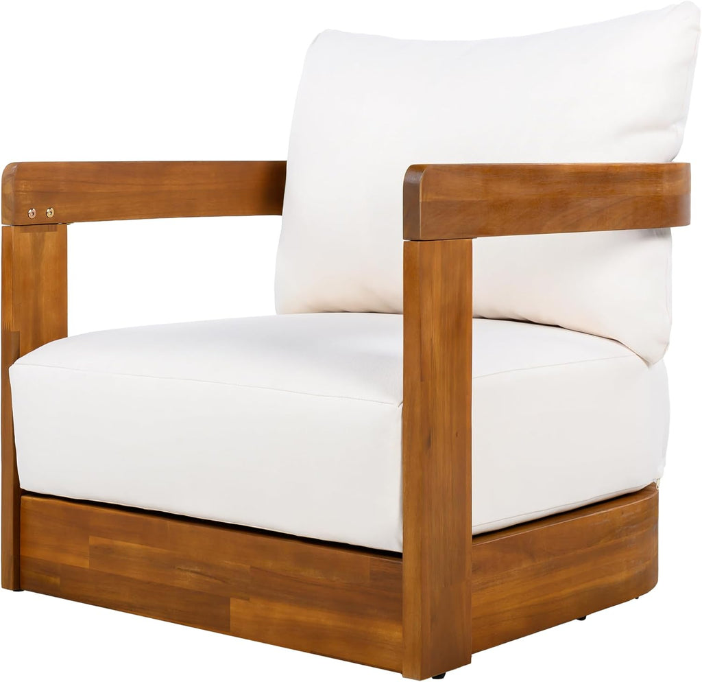 Christopher Knight Home Chloe Acacia Wood Lounge Chair Outdoor Set of 2, Curved Tub Design Accent Chairs with Weather Resistant Cushion, Comfy Low Profile Reading Seating for Backyard, Teak+ Beige