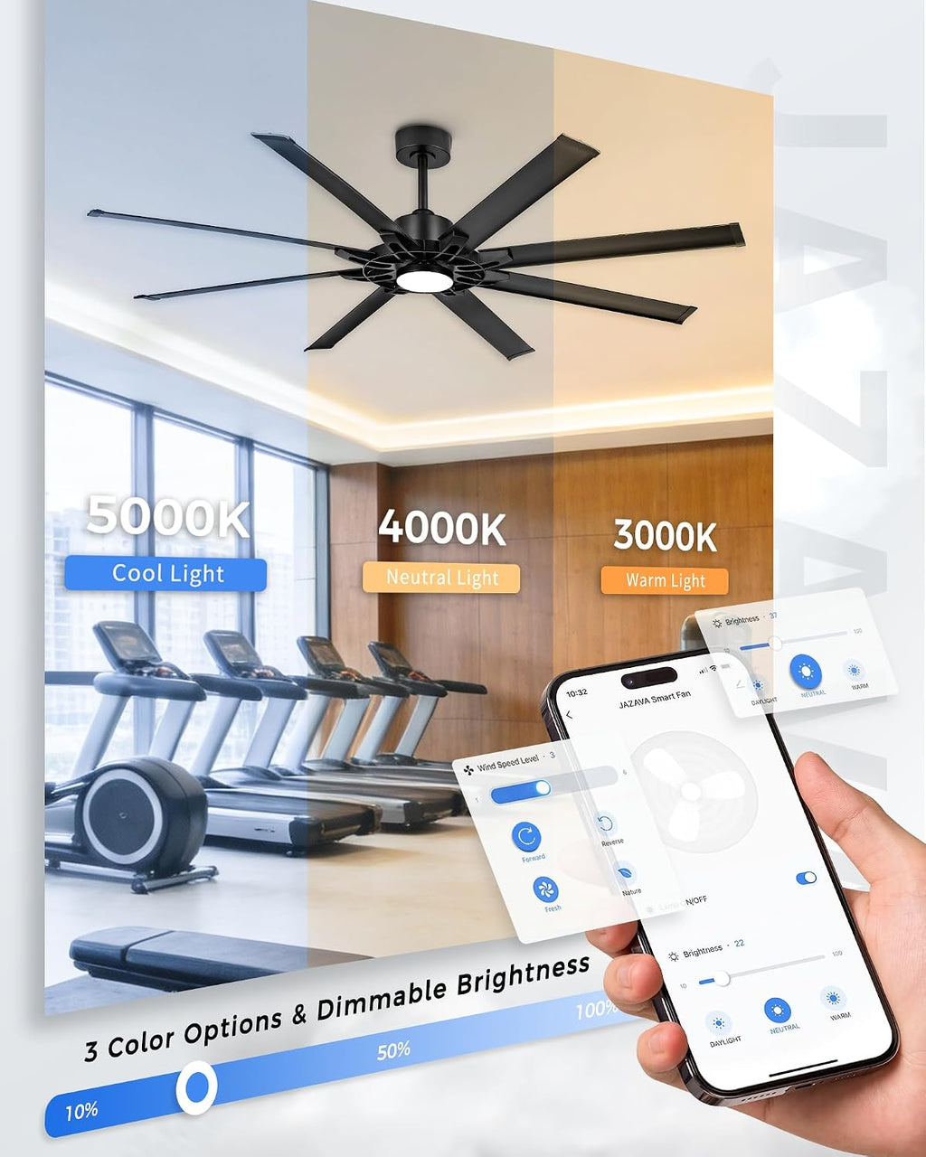 72 Inch Ceiling Fan With Light, Industrial Ceiling Fan With 8 Aluminium Metal Blades, Smart Fan Compatible with Alexa, Garage Indoor Fan For Living Room and Patio, ZCCF05ABK-72