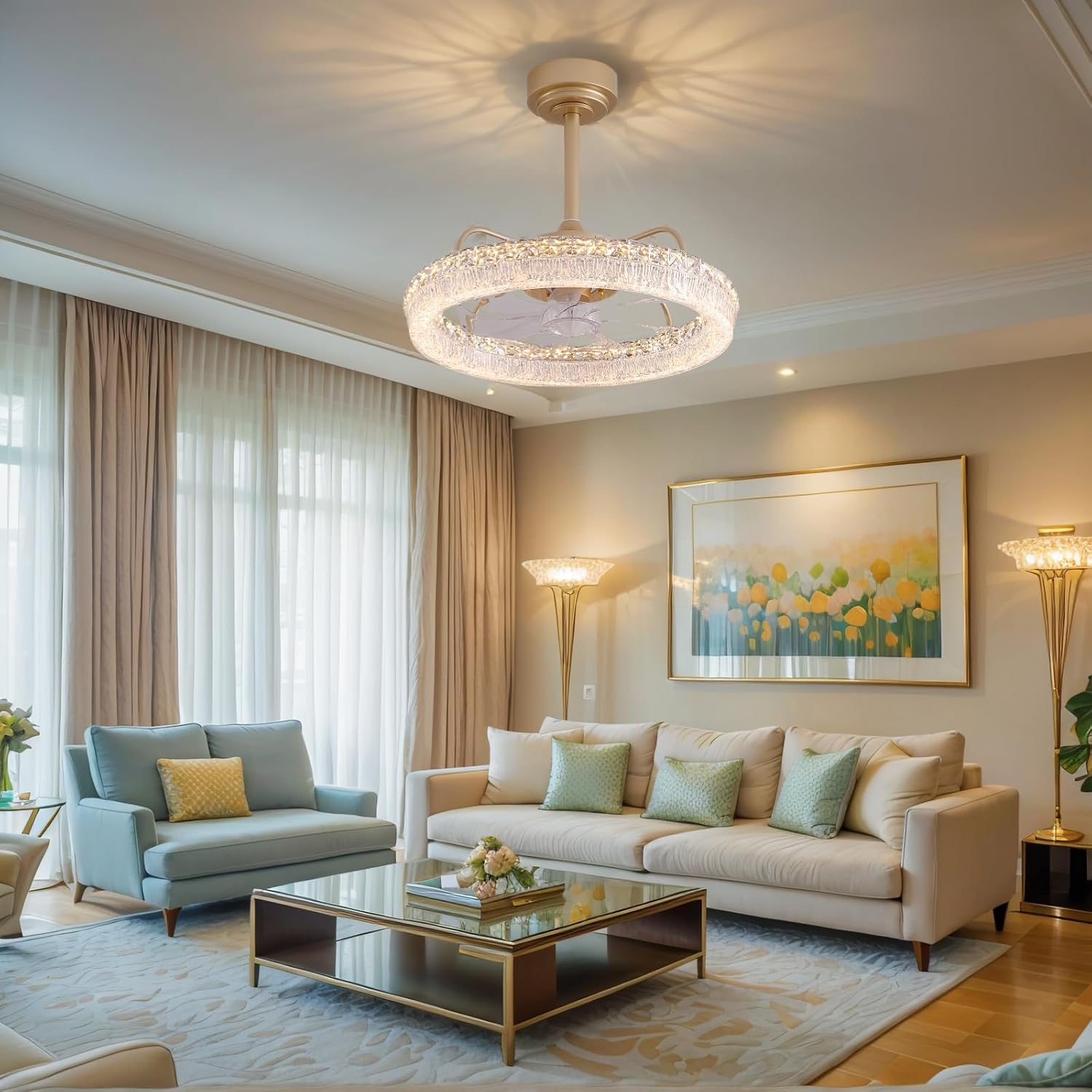 20'' Ceiling Fan with Lights and Remote, 3000-6000K Dimmable Low Profile Crystal Ceiling Fan, 6 Wind Speeds Modern Flush Mount LED Fandelier for Bedroom Living Room, Gold