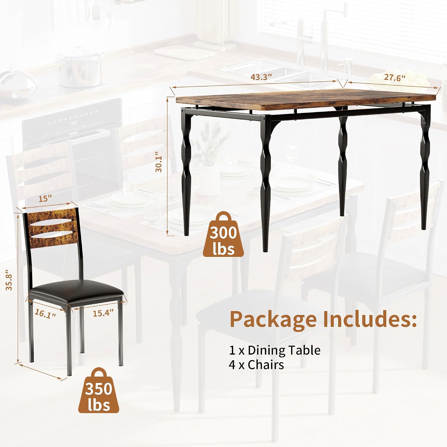 GarveeHome 5 Piece Dining Table Set, Industrial Style Dining Table and Chairs Set for 4, Kitchen Table Set for Dining Room Kitchen Apartment, Brown