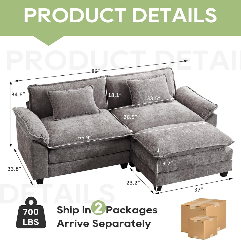 Oprisen 86' Modular Sectional Sofa, Comfy Cloud Couch Sectional Sofa with Ottoman, Chenille Sofa Sleeper Deep Seat Sofa with Throw Pillows for Living Room (Light Gray, 86'- L Shape)