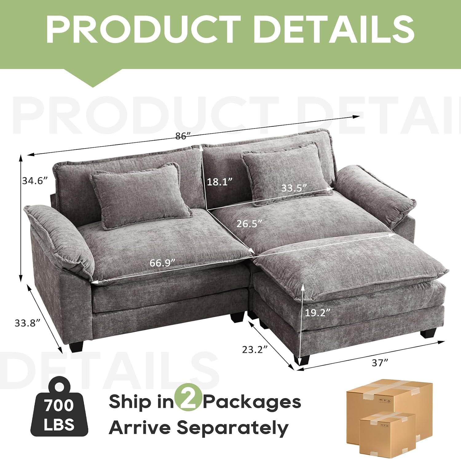Oprisen 86' Modular Sectional Sofa, Comfy Cloud Couch Sectional Sofa with Ottoman, Chenille Sofa Sleeper Deep Seat Sofa with Throw Pillows for Living Room (Light Gray, 86'- L Shape)