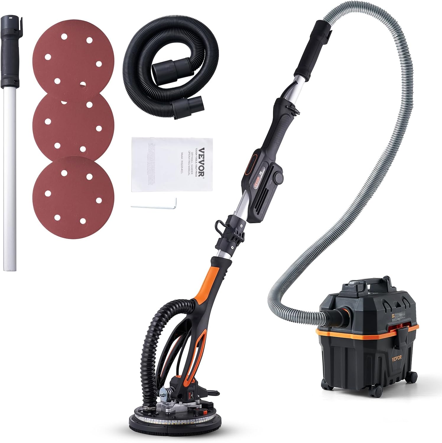 VEVOR Drywall Sander, 800W Brushless Motor Electric Sander, Variable Speed 1000-2300 RPM, Foldable Ceiling Sander with Double-Deck LED Lights, Extendable Handle, 12 Sanding Discs