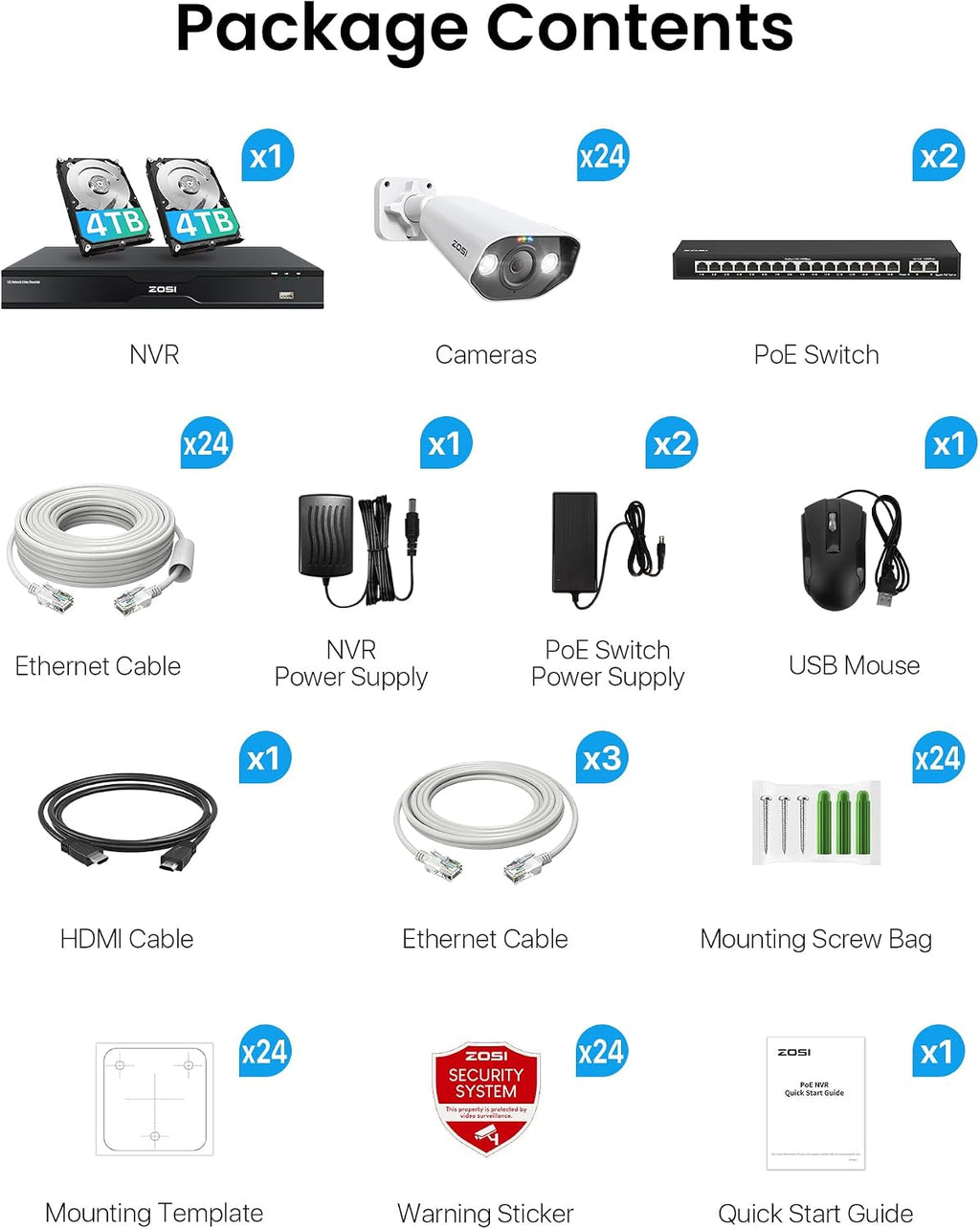 ZOSI 32 Channel 4K PoE Security Camera System, 24x 4K Spotlight Cameras Outdoor Indoor, Face Person Vehicle Detection, 2 Way Audio, 32CH 8MP Surveillance NVR with 8TB HDD for Business 24/7 Recording