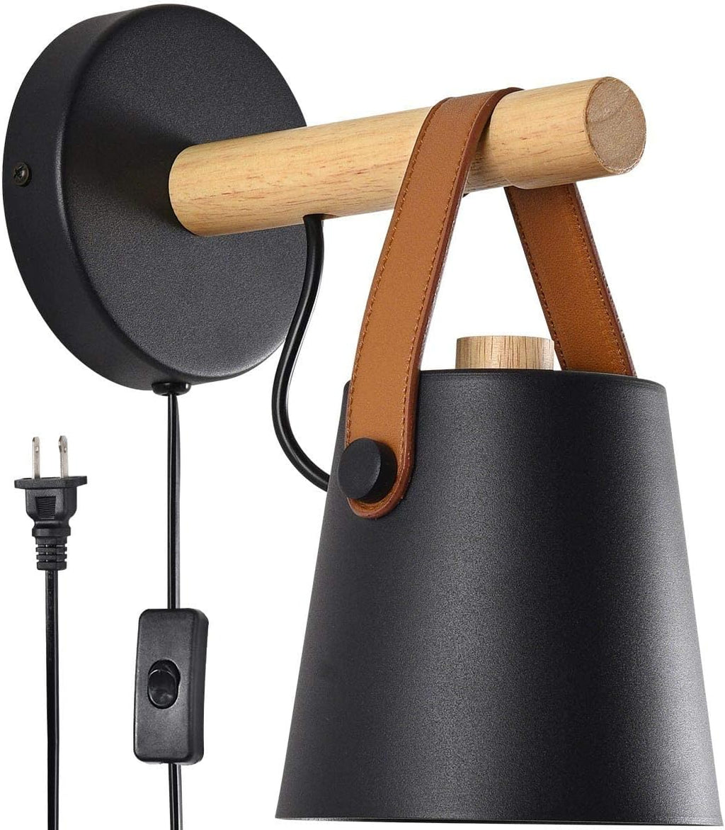 Wall Lamps for Bedroom Black Plug in Wall Sconces Indoor Wall Lighting fixtures Industrial E26 lamp Holder with Wooden and Leather lamp Wall for Nightstand Vanity Mirror or Farmhouse Aisle Corridor