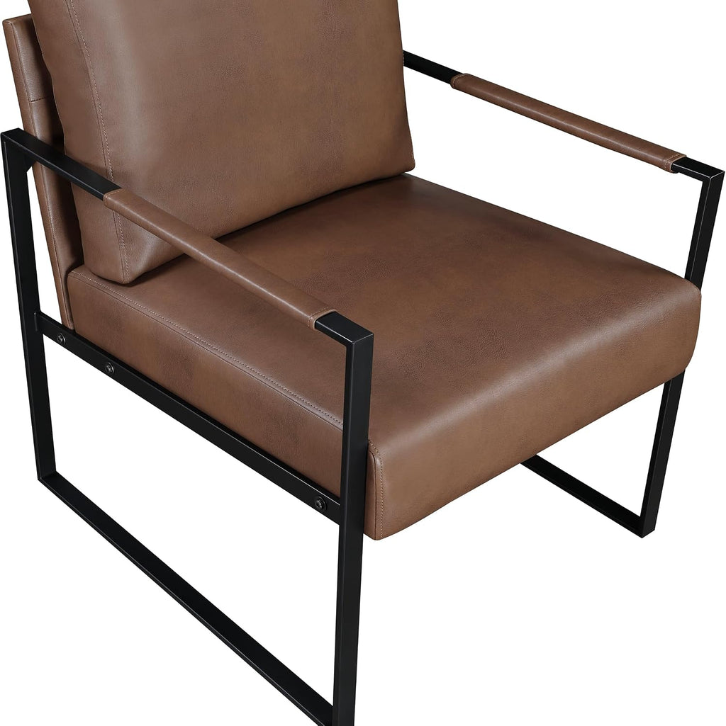 Lexicon Modern Accent Chair, Faux Leather Upholstered Living Room Chair with Wrapped Armrests, Arm Chair with Black Metal Frame, Comfy Single Chair for Living Room/Bedroom/Reading Room/Office, Brown
