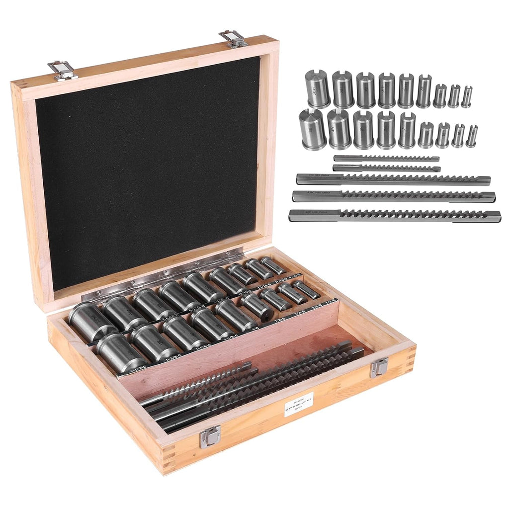 30pcs Keyway Broach Kit, Rectangular Spline Broaching Set with 5 Broaches 18 Bushings 7 Shims, HSS Inch Industrial Tools for Metalworking and Manufacturing