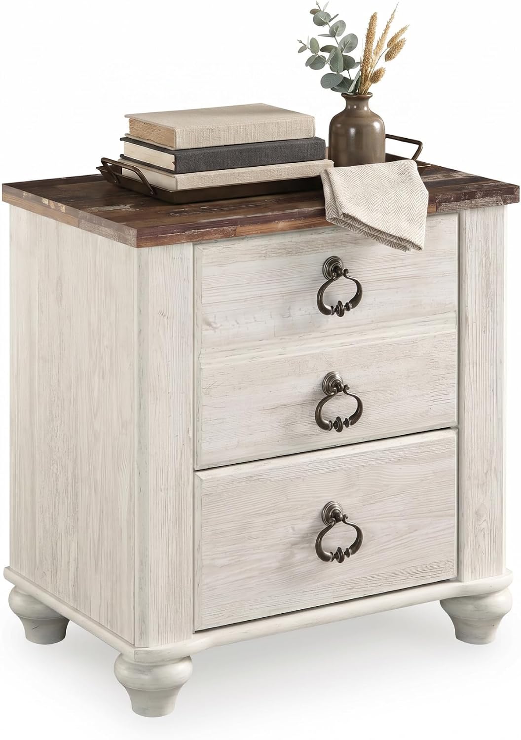 Signature Design by Ashley Willowton Farmhouse 2 Drawer Nightstand with USB Charging Ports, 25.67' Tall, Whitewash