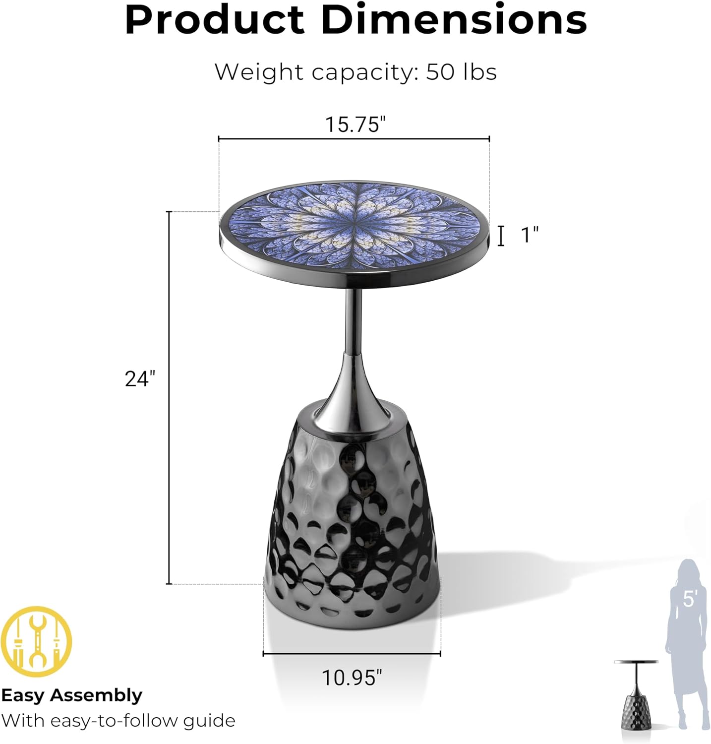 Homes: Inside + Out Halric Modern 24' Tall Round End Table with Printed Tabletop and Iron Metal Base, Accent Furniture, Pedestal Stand for Living Room, Home Office, Black with Geometric Floral