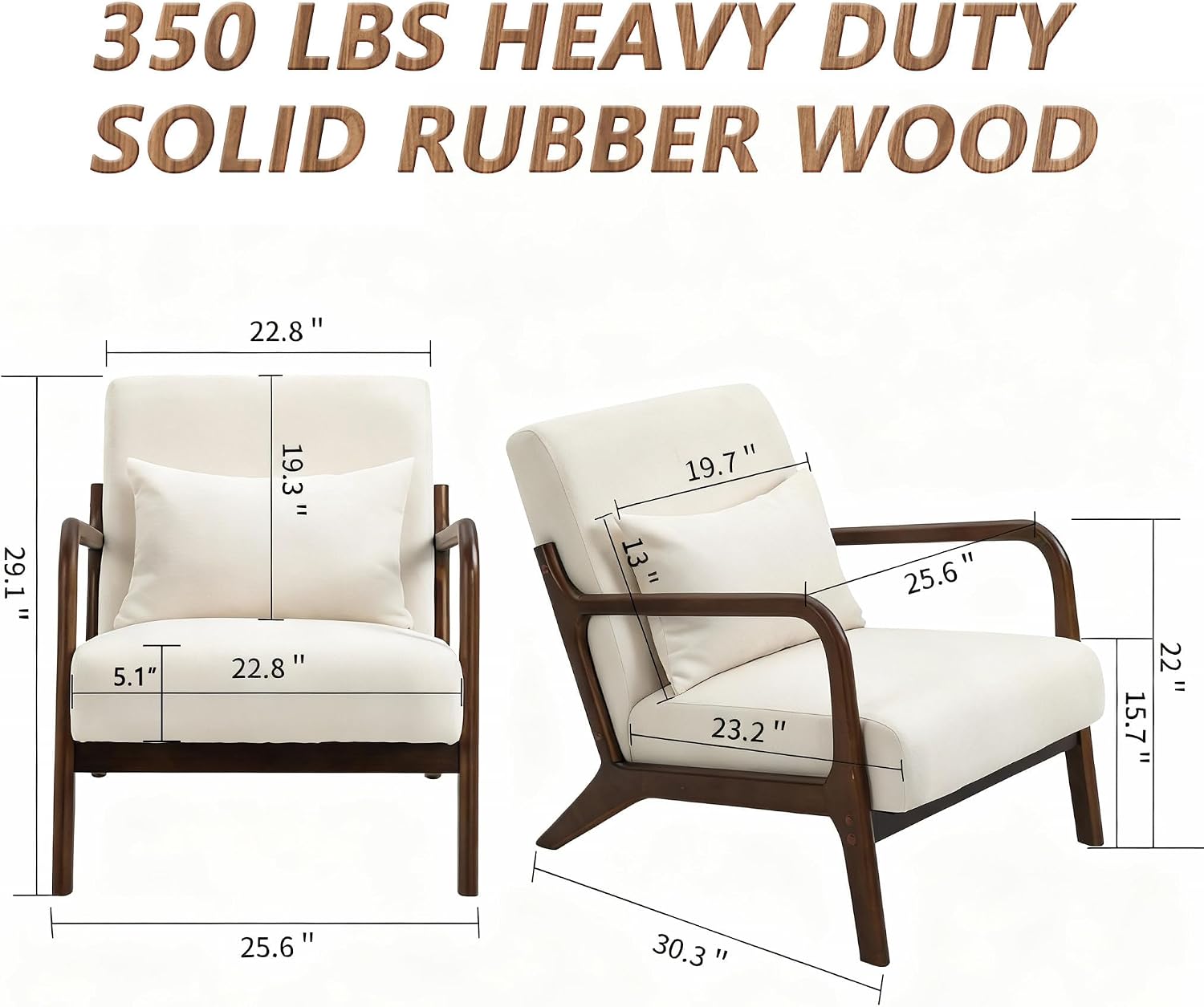 Set of 2 Mid Century Modern Accent Chair - Solid Rubberwood Frame Reading Armchair with Lumbar Pillow - Comfy Linen Lounge Chair for Living Room Bedroom Small Space - Heavy Duty 350lbs