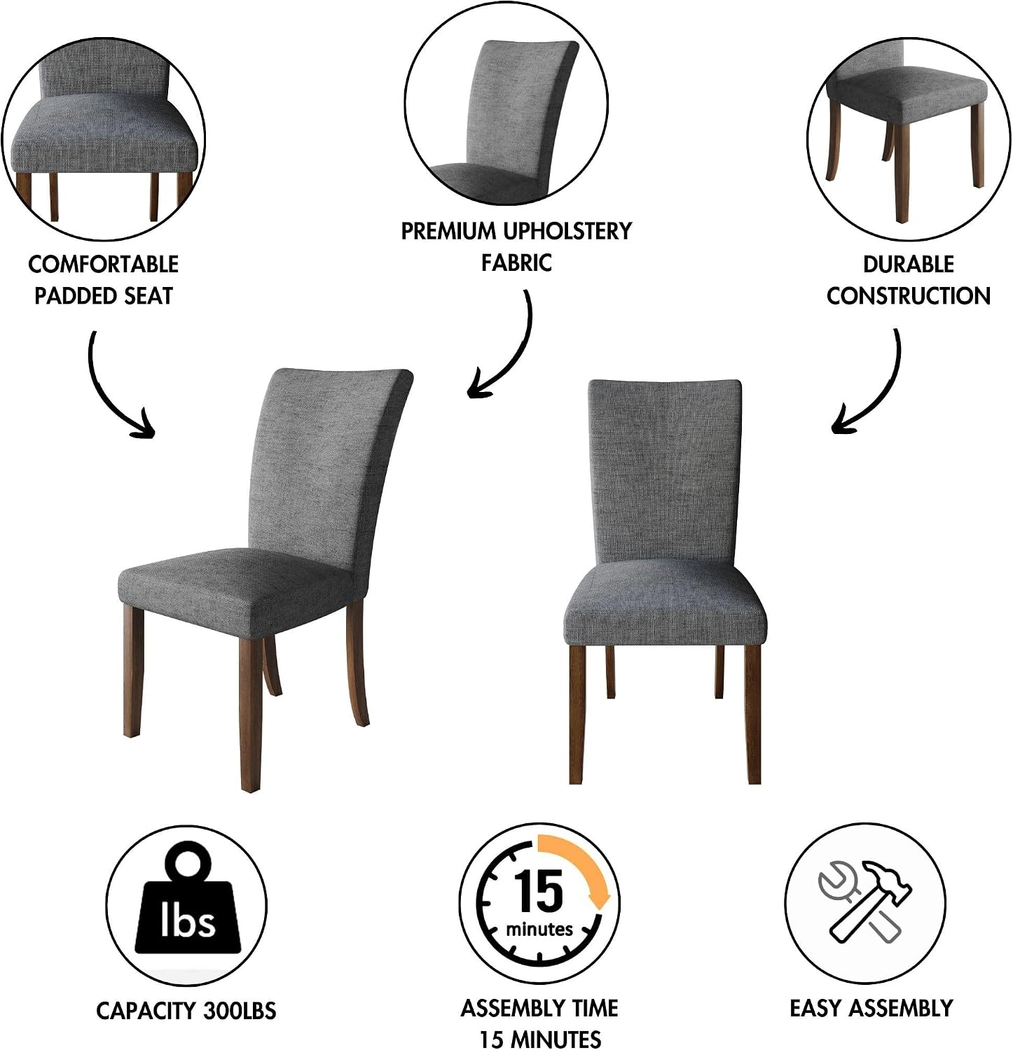 HOME DESIGN Lubec 5-Piece Modern Dining Set – Round Wooden Table & 4 Upholstered Linen Chairs, Curved Backrests, Compact Dining Room Furniture for Kitchen, Apartment, Brown/Gray