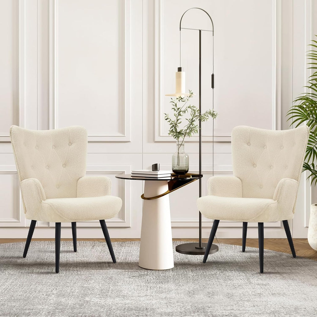 Furnimart Accent Chairs Set of 2, White Sherpa Reading Armchair with High Backrest, Wingback Corner Chair Mid Century Modern for Living Room, Bedroom, Waiting Room