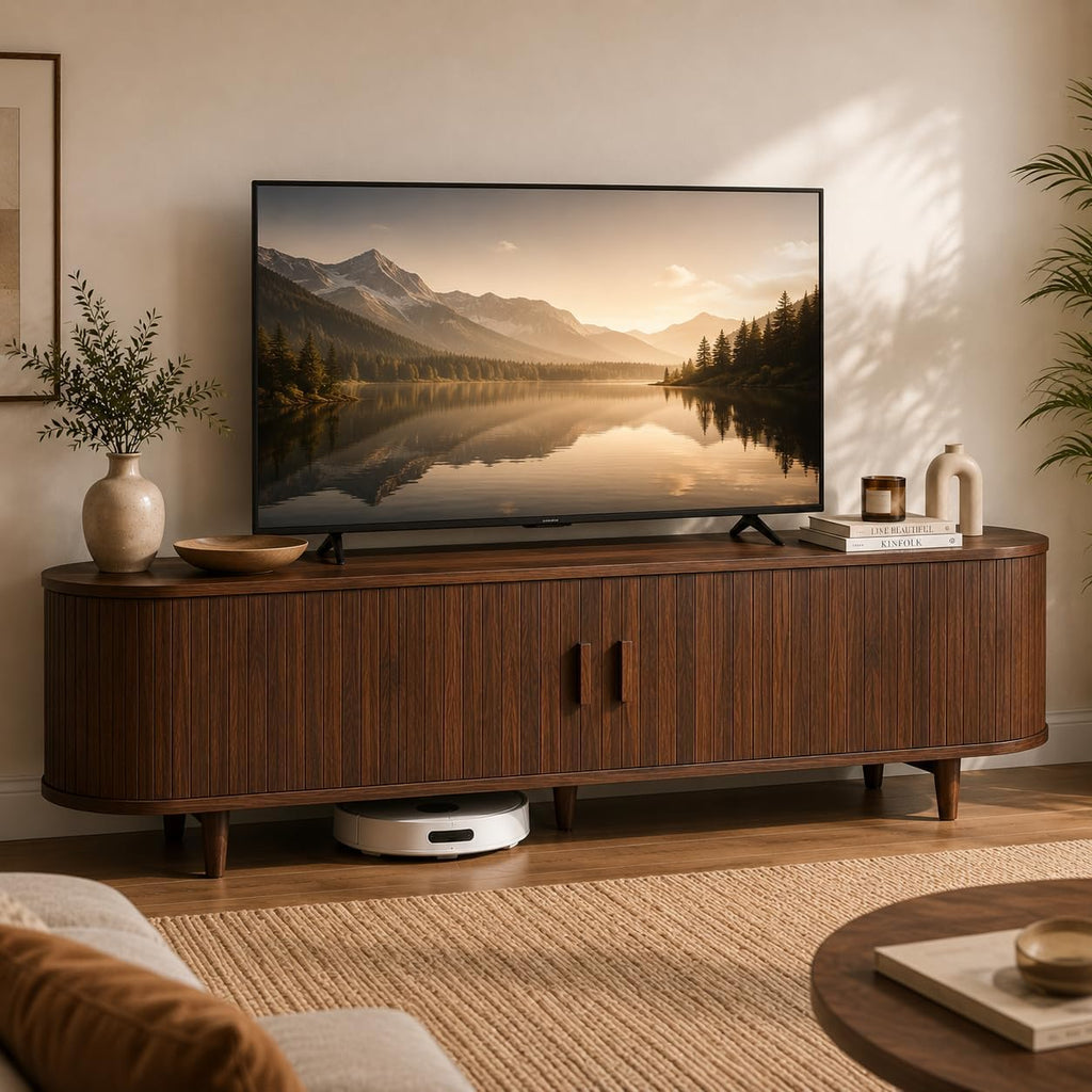MXV 70' Mid-Century Modern TV Consoles with Sliding Doors, TV Stand with Power Outlet, Fluted Entertainment Center with Adjustable Shelves, for Living Room