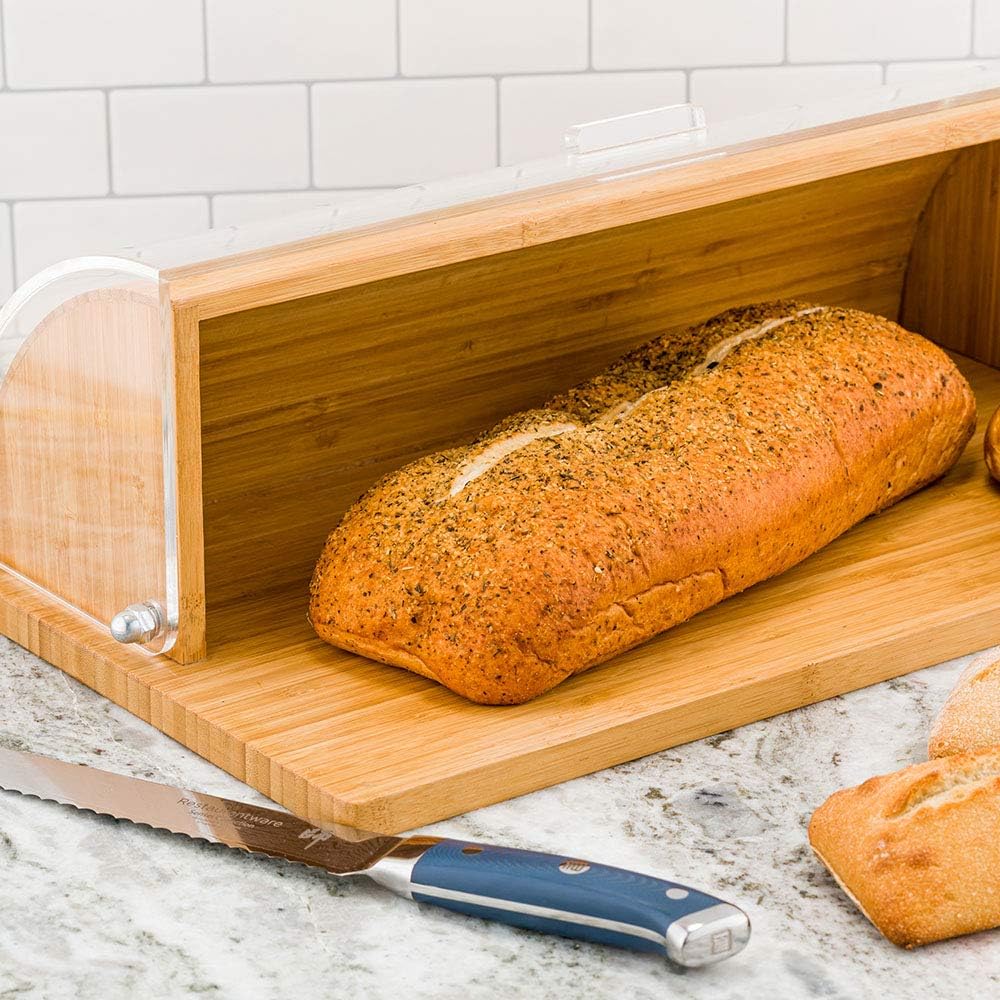 Restaurantware 20 x 11.5 x 6.5 Inch Bread Box 1 Clear Lid Wooden Bread Box - Shatter-Proof Chip-Resistant Natural Bamboo Roll Top Bread Box For Ktchen Countertop Stores Food