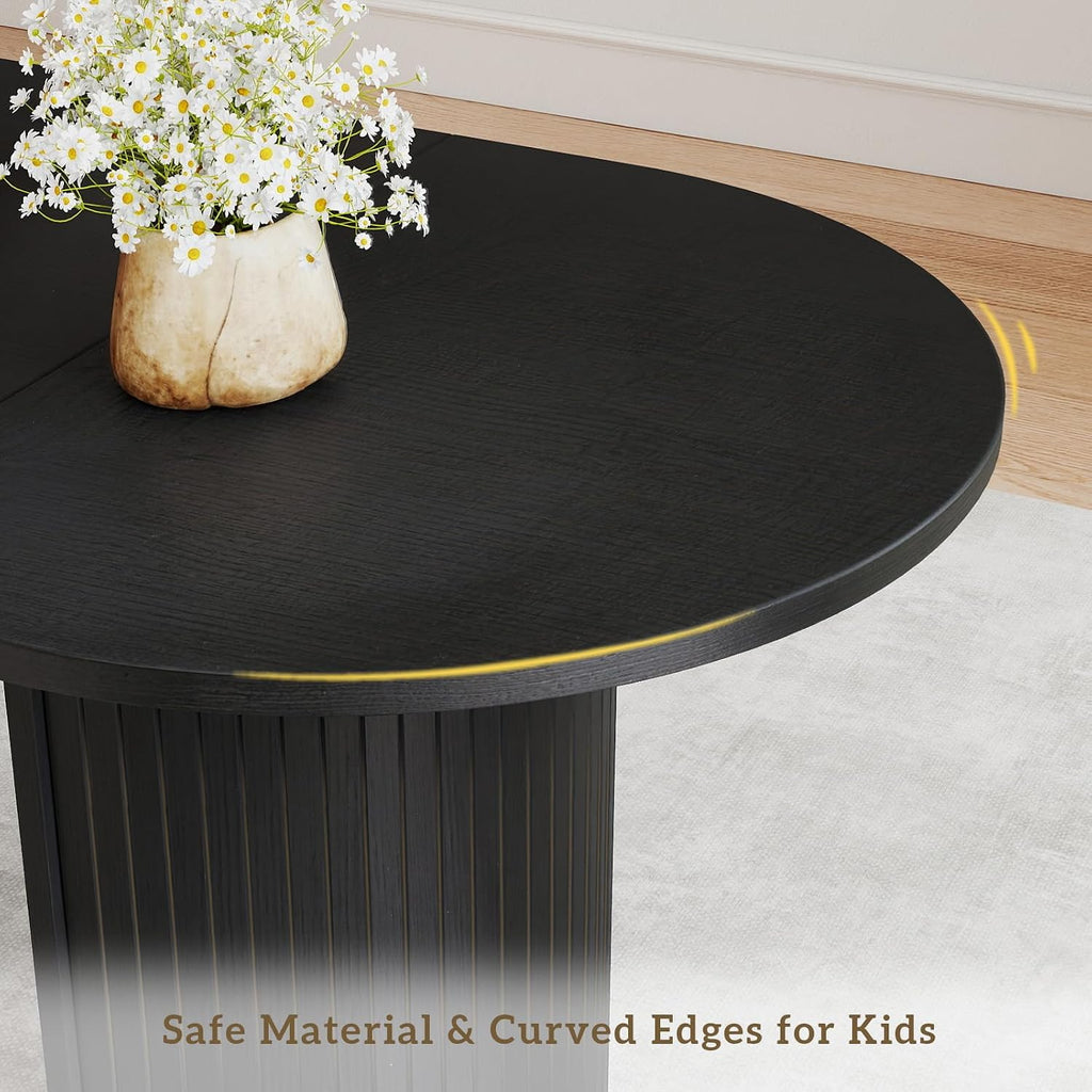 70.8' Oval Dining Table for 4-6 Persons, Fluted Pedestal Base Mid Century Wood Veneer Kitchen Table with Curved Edges for Dining Room, Apartment, Small Spaces, Black