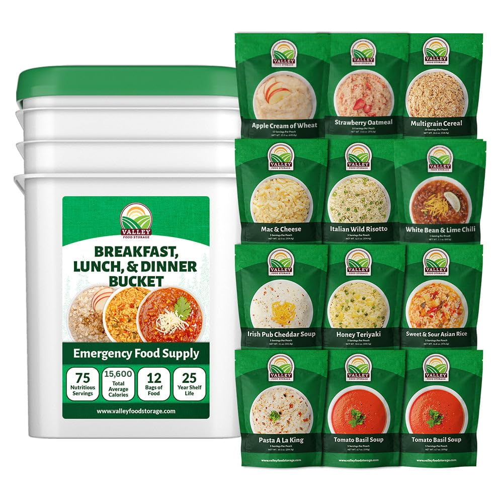 Valley Food Storage 80 Serving Emergency Food Supply Bucket | Breakfast, Lunch & Dinner Survival Meals | 25 Year Shelf Life Prepper Food for Disaster Preparedness, Camping & Off-Grid Living