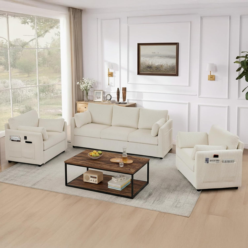 Mofolit Sofa Set for Living Room Corduroy Couch Sets 3 Seater and Single Chair, Sofas for Apartment and Small Spaces (Beige, Sofa Set)