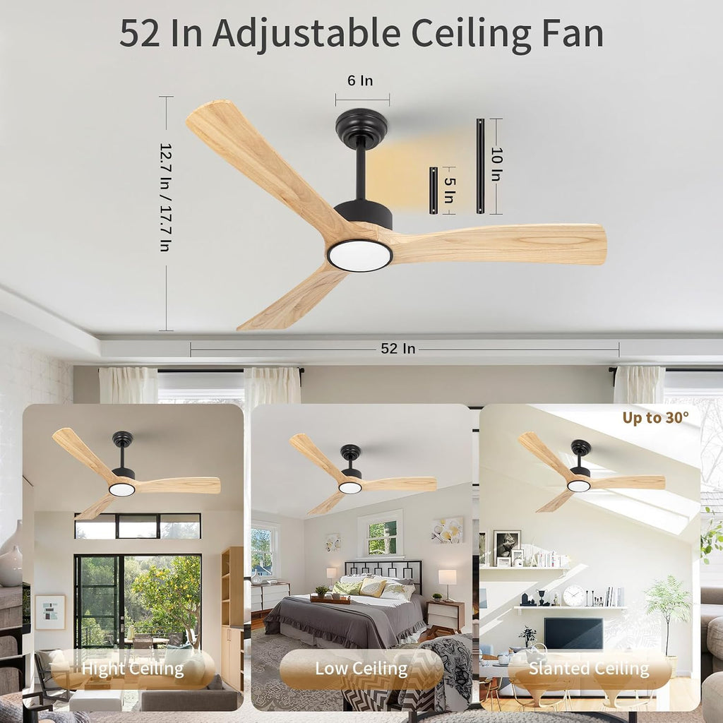 52inch Ceiling Fan with Lights,Downroad Ceiling Fans with Remote Control,3 Wooden Blades,Dimmable Light,6 Speeds,Noiseless,Ceiling Fan for Bedroom,Living Room,Office,Indoor,Natural Wood Grain