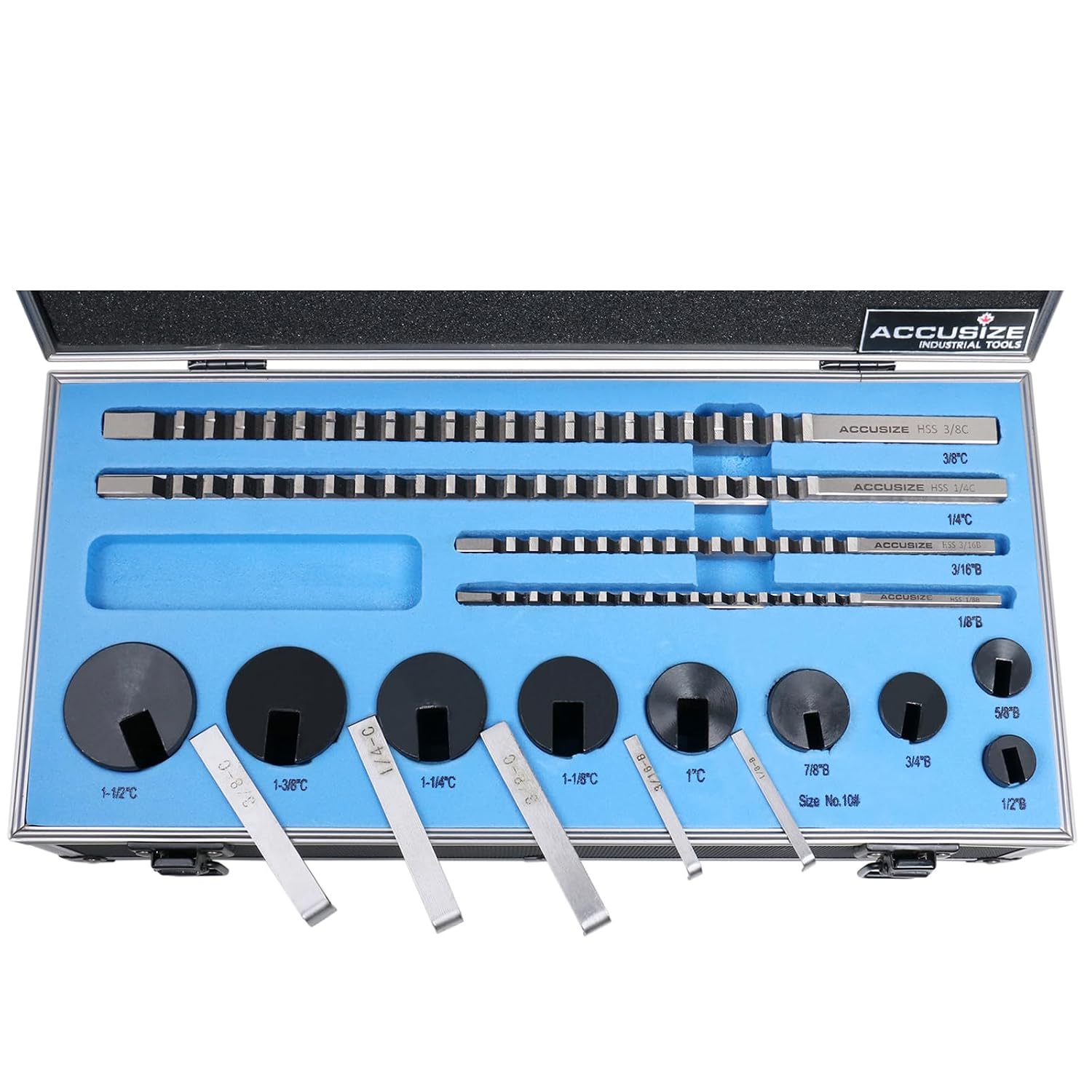 Accusize Industrial Tools - No.10 HSS Keyway Broach Set, 18 Pcs with Precision Ground Teeth, Includes 4 Broaches & 9 Bushings, 5100-0010 | Cuts 18 Keyways, B-1/8, 3/16, C-1/4, 3/8 in, Precision Ground HSS, Fitted Case, 5100-0010