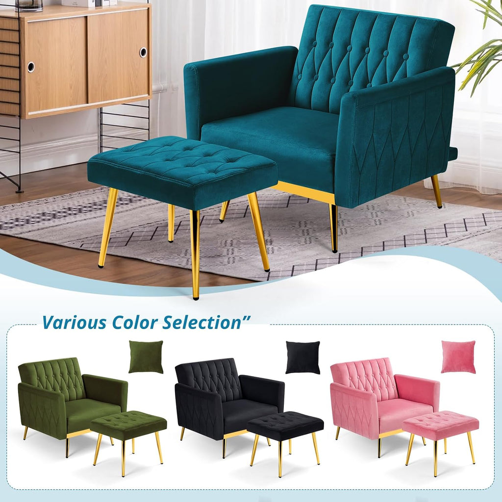 Velvet Accent Chair with Adjustable Armrests and Backrest, Button Tufted Lounge Chair, Single Recliner Armchair with Ottoman and Pillow for Living Room, Bedroom,Teal