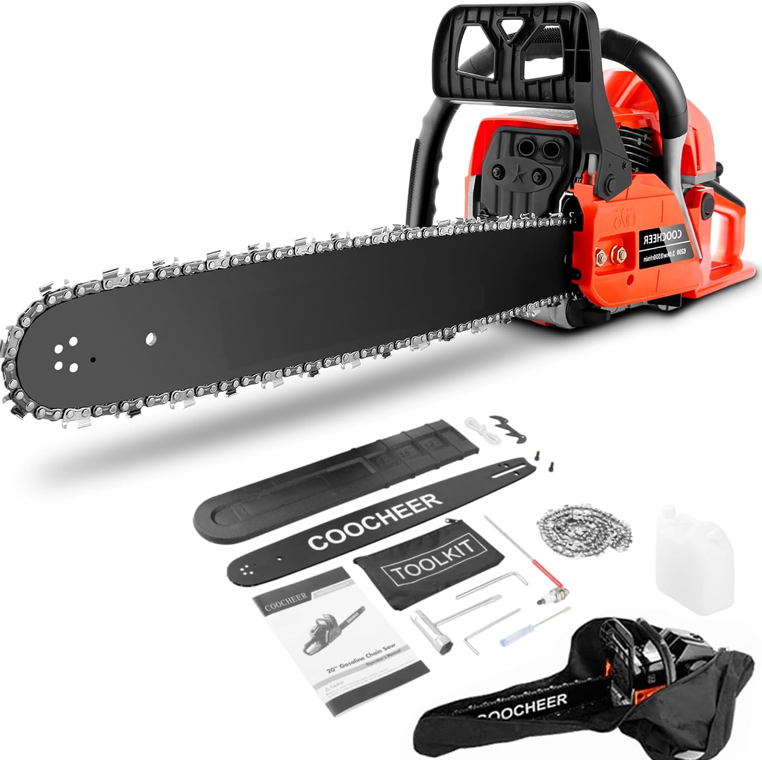COOCHEER Gas Chainsaw 20 Inch 62CC Gasoline Powered Chain Saws 12000r/min 3.5HP 2 Stroke Cordless Gas Power Chain Saw for Tree Cutting Wood, Home Farm Garden Tools