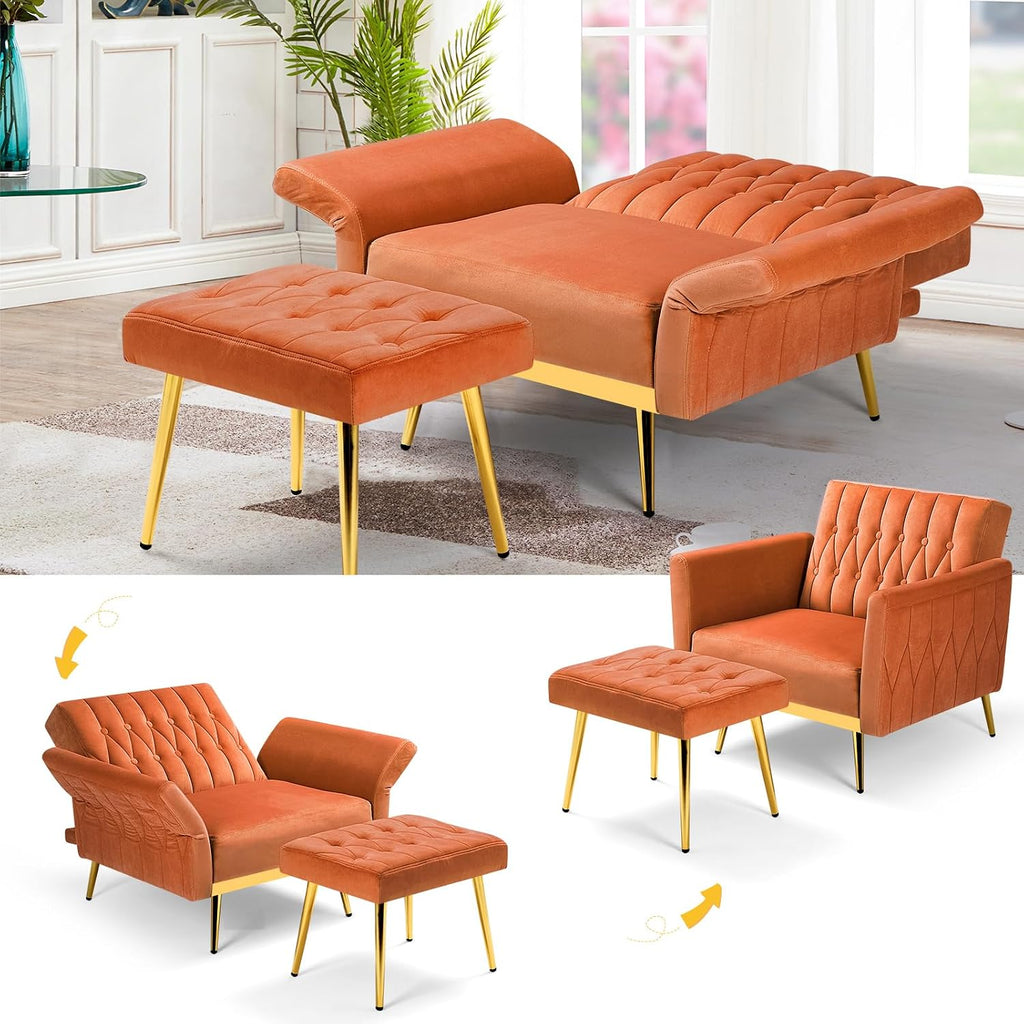 Velvet Accent Chair w/Adjustable Armrests and Backrest, Button Tufted Lounge Chair, Single Recliner Armchair with Ottoman and Pillow for Living Room, Bedroom,Orange